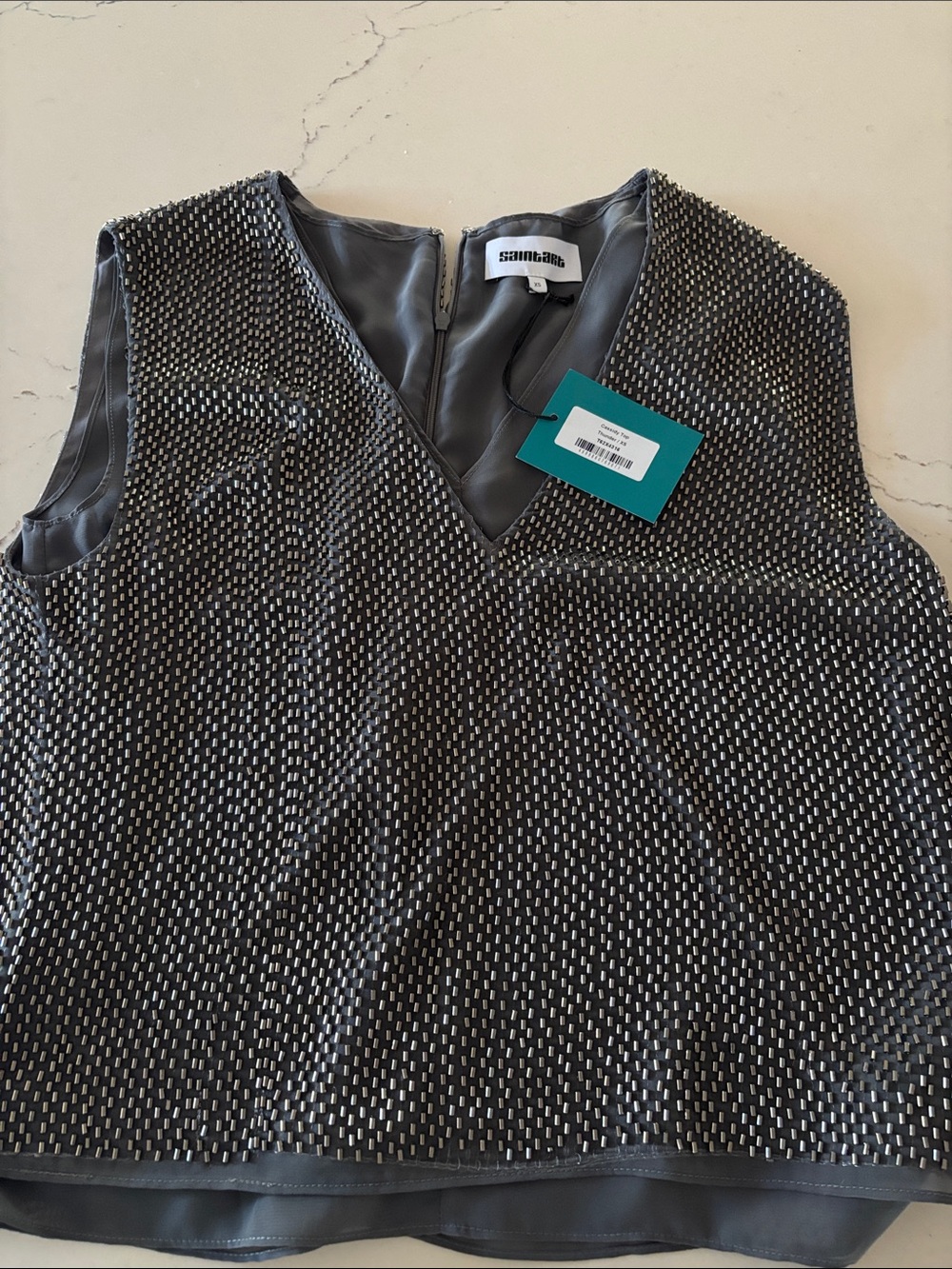 Saint Art Shimmery Gunmetal Beaded Sleeveless Lined Top NWOT—stunning